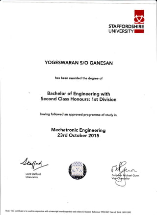 STAFFORDS
UNIVERSIry
rgHIRE
r
YOGESWARAN 5/O GANESAN
has been awarded the degree of
Bachelor of Engineering with
Second CIass Honours: 1st Division
having followed an approved programme of study in
Mechatronic Engineering
23rd October 201 5
4*Lord Stafford
Chancellor
Note:Thiscertificatetobeusedinconjunctionwithatranscriptissuedseparatelyandrelatestostudent
ReferenceTp02lg4TDateof Birlhlglo5llgg2
ael Gunn
 