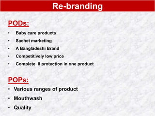 Re-branding
PODs:
• Baby care products
• Sachet marketing
• A Bangladeshi Brand
• Competitively low price
• Complete 8 protection in one product
POPs:
• Various ranges of product
• Mouthwash
• Quality
 