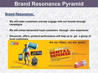 Brand Resonance Pyramid
Brand Resonance:
• We will make customers actively engage with our brands through
campaigns
• We will create behavioral loyal customers through user experience
• Discounts, offers, product performance will help us to get a group of
loyal customers
 
