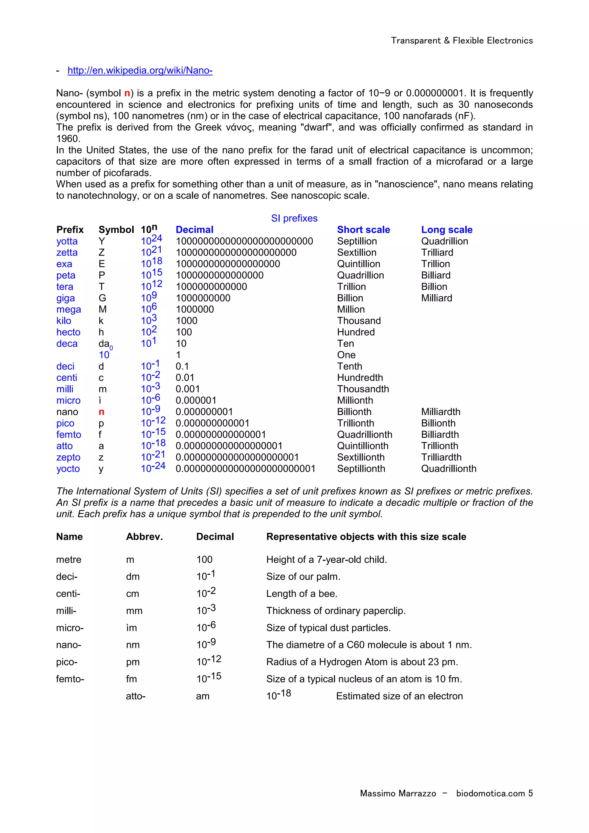Transparent & Flexible Electronics
Massimo Marrazzo - biodomotica.com 5
- http://en.wikipedia.org/wiki/Nano-
Nano- (symbol n) is a prefix in the metric system denoting a factor of 10−9 or 0.000000001. It is frequently
encountered in science and electronics for prefixing units of time and length, such as 30 nanoseconds
(symbol ns), 100 nanometres (nm) or in the case of electrical capacitance, 100 nanofarads (nF).
The prefix is derived from the Greek νάνος, meaning "dwarf", and was officially confirmed as standard in
1960.
In the United States, the use of the nano prefix for the farad unit of electrical capacitance is uncommon;
capacitors of that size are more often expressed in terms of a small fraction of a microfarad or a large
number of picofarads.
When used as a prefix for something other than a unit of measure, as in "nanoscience", nano means relating
to nanotechnology, or on a scale of nanometres. See nanoscopic scale.
SI prefixes
Prefix Symbol 10n Decimal Short scale Long scale
yotta Y 1024 1000000000000000000000000 Septillion Quadrillion
zetta Z 1021 1000000000000000000000 Sextillion Trilliard
exa E 1018 1000000000000000000 Quintillion Trillion
peta P 1015 1000000000000000 Quadrillion Billiard
tera T 1012 1000000000000 Trillion Billion
giga G 109 1000000000 Billion Milliard
mega M 106 1000000 Million
kilo k 103 1000 Thousand
hecto h 102 100 Hundred
deca da 101 10 Ten
10
0
1 One
deci d 10-1 0.1 Tenth
centi c 10-2 0.01 Hundredth
milli m 10-3 0.001 Thousandth
micro ì 10-6 0.000001 Millionth
nano n 10-9 0.000000001 Billionth Milliardth
pico p 10-12 0.000000000001 Trillionth Billionth
femto f 10-15 0.000000000000001 Quadrillionth Billiardth
atto a 10-18 0.000000000000000001 Quintillionth Trillionth
zepto z 10-21 0.000000000000000000001 Sextillionth Trilliardth
yocto y 10-24 0.000000000000000000000001 Septillionth Quadrillionth
The International System of Units (SI) specifies a set of unit prefixes known as SI prefixes or metric prefixes.
An SI prefix is a name that precedes a basic unit of measure to indicate a decadic multiple or fraction of the
unit. Each prefix has a unique symbol that is prepended to the unit symbol.
Name Abbrev. Decimal Representative objects with this size scale
metre m 100 Height of a 7-year-old child.
deci- dm 10-1 Size of our palm.
centi- cm 10-2 Length of a bee.
milli- mm 10-3 Thickness of ordinary paperclip.
micro- ìm 10-6 Size of typical dust particles.
nano- nm 10-9 The diametre of a C60 molecule is about 1 nm.
pico- pm 10-12 Radius of a Hydrogen Atom is about 23 pm.
femto- fm 10-15 Size of a typical nucleus of an atom is 10 fm.
atto- am 10-18 Estimated size of an electron
 