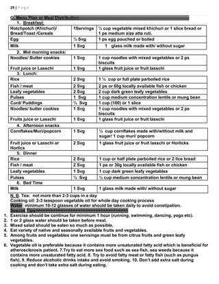 29 | P a g e
Q. Menu Plan or Meal Distribution-----------------------------------------------------------------------------
1. Breakfast:
Hotchpotch (Khichuri)/
Bread/Toast /Cereals
1Servings ½ cup vegetable mixed khichuri or 1 slice bread or
1 ps medium size atta ruti.
Egg ½ Svg 1 ps egg pouched or boiled
Milk 1 Svg 1 glass milk made with/ without sugar
2. Mid morning snacks:
Noodles/ Butter cookies 1 Svg 1 cup noodles with mixed vegetables or 2 ps
biscuits
Fruit juice or Lasschi 1 Svg 1 glass fruit juice or fruit lasschi
3. Lunch:
Rice 2 Svg 1 ½ cup or full plate parboiled rice
Fish / meat 2 Svg 2 ps or 60g locally available fish or chicken
Leafy vegetables 2 Svg 2 cup dark green leafy vegetables
Pulses 1 Svg 1 cup medium concentration lentils or mung bean
Curd/ Puddings ½ Svg 1 cup (100) or 1 slice
Noodles/ butter cookies 1 Svg 1 cup noodles with mixed vegetables or 2 ps
biscuits
Fruits juice or Lasschi 1 Svg 1 glass fruit juice or fruit lasschi
4. Afternoon snacks
Cornflakes/Muri/popcorn 1 Svg ½ cup cornflakes made with/without milk and
sugar/ 1 cup muri/ popcorn
Fruit juice or Lasschi or
Horlics
2 Svg 1 glass fruit juice or fruit lasschi or Horlicks
5. Dinner
Rice 2 Svg 1 cup or half plate parboiled rice or 2 lice bread
Fish / meat 2 Svg 1 ps or 30g locally available fish or chicken
Leafy vegetables 1 Svg 1 cup dark green leafy vegetables
Pulses ½ Svg ½ cup medium concentration lentils or mung bean
6. Bed Time
Milk 1 Svg 1 glass milk made with/ without sugar
N. B. Tea: not more than 2-3 cups in a day
Cooking oil: 2-3 teaspoon vegetable oil for whole day cooking process
Water: minimum 10-12 glasses of water should be taken daily to avoid constipation.
Special Tips=====================================
1. Exercise should be continue for minimum 1 hour (running, swimming, dancing, yoga etc).
2. 1 or 2 glass water should be taken before meal.
3. Mixed salad should be eaten so much as possible.
4. Eat variety of native and seasonally available fruits and vegetables.
5. Among fruits and vegetables one servsings must be from citrus fruits and green leafy
vegetables.
6. Vegetable oil is preferable because it contains more unsaturated fatty acid which is beneficial for
atherosclerosis patient. 7.Try to eat more sea food such as sea fish, sea weeds because it
contains more unsaturated fatty acid. 8. Try to avoid fatty meat or fatty fish (such as pungus
fish). 9. Reduce alcoholic drinks intake and avoid smoking. 10. Don’t add extra salt during
cooking and don’t take extra salt during eating.
 