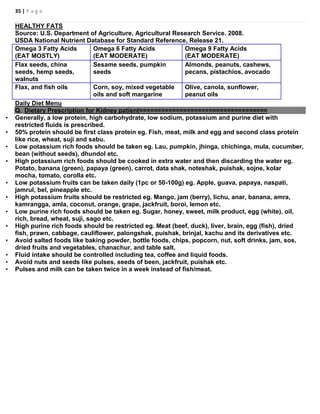 35 | P a g e
HEALTHY FATS
Source: U.S. Department of Agriculture, Agricultural Research Service. 2008.
USDA National Nutrient Database for Standard Reference, Release 21.
Omega 3 Fatty Acids
(EAT MOSTLY)
Omega 6 Fatty Acids
(EAT MODERATE)
Omega 9 Fatty Acids
(EAT MODERATE)
Flax seeds, china
seeds, hemp seeds,
walnuts
Sesame seeds, pumpkin
seeds
Almonds, peanuts, cashews,
pecans, pistachios, avocado
Flax, and fish oils Corn, soy, mixed vegetable
oils and soft margarine
Olive, canola, sunflower,
peanut oils
Daily Diet Menu
Q. Dietary Prescription for Kidney patient===================================
• Generally, a low protein, high carbohydrate, low sodium, potassium and purine diet with
restricted fluids is prescribed.
• 50% protein should be first class protein eg. Fish, meat, milk and egg and second class protein
like rice, wheat, suji and sabu.
• Low potassium rich foods should be taken eg. Lau, pumpkin, jhinga, chichinga, mula, cucumber,
bean (without seeds), dhundol etc.
• High potassium rich foods should be cooked in extra water and then discarding the water eg.
Potato, banana (green), papaya (green), carrot, data shak, noteshak, puishak, sojne, kolar
mocha, tomato, corolla etc.
• Low potassium fruits can be taken daily (1pc or 50-100g) eg. Apple, guava, papaya, naspati,
jamrul, bel, pineapple etc.
• High potassium fruits should be restricted eg. Mango, jam (berry), lichu, anar, banana, amra,
kamrangga, amla, coconut, orange, grape, jackfruit, boroi, lemon etc.
• Low purine rich foods should be taken eg. Sugar, honey, sweet, milk product, egg (white), oil,
rich, bread, wheat, suji, sago etc.
• High purine rich foods should be restricted eg. Meat (beef, duck), liver, brain, egg (fish), dried
fish, prawn, cabbage, cauliflower, palongshak, puishak, brinjal, kachu and its derivatives etc.
• Avoid salted foods like baking powder, bottle foods, chips, popcorn, nut, soft drinks, jam, sos,
dried fruits and vegetables, chanachur, and table salt.
• Fluid intake should be controlled including tea, coffee and liquid foods.
• Avoid nuts and seeds like pulses, seeds of been, jackfruit, puishak etc.
• Pulses and milk can be taken twice in a week instead of fish/meat.
 