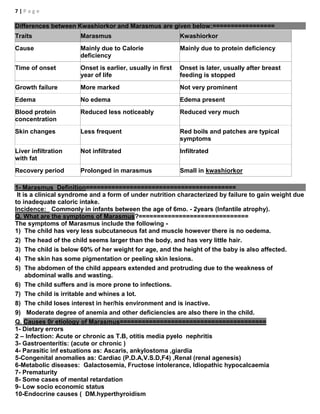 7 | P a g e
Differences between Kwashiorkor and Marasmus are given below:=================
Traits Marasmus Kwashiorkor
Cause Mainly due to Calorie
deficiency
Mainly due to protein deficiency
Time of onset Onset is earlier, usually in first
year of life
Onset is later, usually after breast
feeding is stopped
Growth failure More marked Not very prominent
Edema No edema Edema present
Blood protein
concentration
Reduced less noticeably Reduced very much
Skin changes Less frequent Red boils and patches are typical
symptoms
Liver infiltration
with fat
Not infiltrated Infiltrated
Recovery period Prolonged in marasmus Small in kwashiorkor
1- Marasmus Definition=========================================
It is a clinical syndrome and a form of under nutrition characterized by failure to gain weight due
to inadequate caloric intake.
Incidence: Commonly in infants between the age of 6mo. - 2years (Infantile atrophy).
Q. What are the symptoms of Marasmus?==============================
The symptoms of Marasmus include the following -
1) The child has very less subcutaneous fat and muscle however there is no oedema.
2) The head of the child seems larger than the body, and has very little hair.
3) The child is below 60% of her weight for age, and the height of the baby is also affected.
4) The skin has some pigmentation or peeling skin lesions.
5) The abdomen of the child appears extended and protruding due to the weakness of
abdominal walls and wasting.
6) The child suffers and is more prone to infections.
7) The child is irritable and whines a lot.
8) The child loses interest in her/his environment and is inactive.
9) Moderate degree of anemia and other deficiencies are also there in the child.
Q. Causes 0r etiology of Marasmus========================================
1- Dietary errors
2 – Infection: Acute or chronic as T.B, otitis media pyelo nephritis
3- Gastroenteritis: (acute or chronic )
4- Parasitic inf estuations as: Ascaris, ankylostoma ,giardia
5-Congenital anomalies as: Cardiac (P.D.A,V.S.D,F4) ,Renal (renal agenesis)
6-Metabolic diseases: Galactosemia, Fructose intolerance, Idiopathic hypocalcaemia
7- Prematurity
8- Some cases of mental retardation
9- Low socio economic status
10-Endocrine causes ( DM.hyperthyroidism
 