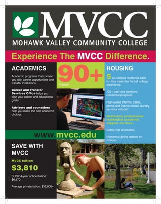 MOHAWK VALLEY COMMUNITY COLLEGE
MVCC
Experience The MVCC Difference.
SAVE WITH
MVCC
MVCC tuition:
$3,810
SUNY 4-year school tuition:
$6,170
Average private tuition: $32,000+
ACADEMICS
Academic programs that connect
you with career opportunities and
transfer institutions.
Career and Transfer
Services Office helps you
plan your career and educational
goals.
Advisors and counselors
help you make the best academic
choices.
90+majors
HOUSING
5on-campus residence halls
in Utica maximize the full college
experience.
125+ daily and weekend
residential programs.
High-speed Internet, cable,
phone and Internet-based laundry
services included.
Dedicated, professional
residential academic
support services.
Safety-first philosophy.
Numerous dining options on
campus.
www.mvcc.edu
 