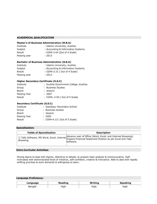 ACADEMICAL QUALIFICATION
Master’s of Business Administration (M.B.A)
Institute : Islamic University, Kushtia.
Subject : Accounting & Information Systems.
Result : CGPA 3.44 (Out of 4 Scale)
Passing year : 2013
Bachelor of Business Administration (B.B.A)
Institute : Islamic University, Kushtia.
Subject : Accounting & Information Systems
Result : CGPA-3.31 ( Out of 4 Scale)
Passing year : 2012
Higher Secondary Certificate (H.S.C)
Institute : Kushtia Government College ,Kushtia
Group : Business Studies
Board : Jessore
Passing Year : 2007
Result : CGPA- 4.50 ( Out of 5 Scale)
Secondary Certificate (S.S.C)
Institute : Swestipur Secondary School
Group : Business studies
Board : Jessore
Passing Year : 2005
Result : CGPA-4.13 ( Out of 5 Scale)
Specialization:
Fields of Specialization Description
 Tally Software, MS Word, Excel, Internet
Browsing.
Advance user of Office (Word, Excel, and Internet Browsing)
Prepare Financial Statement Position as per Excel and Tally
Software.
Extra Curricular Activities:
Strong desire to lead with dignity. Attentive to details, to present clear analysis & communicative. Self-
motivated with demonstrated level of initiative, self-confident, creative & innovative. Able to deal with rapidly
shifting priorities & work demands & willingness to learn.
Language Proficiency:
Language Reading Writing Speaking
Bengali High High High
 