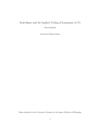 Scale-Space and the Implicit Coding of Luminance in V1
Alex Ioannides
University College London
Thesis submitted to the University of London for the degree of Doctor of Philosophy.
1
 