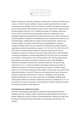 90




Diga às crianças que vocês irão completar o quadro juntos. Comece informando qual é
o maior e o menor número da tabela e marque-os para que elas tenham uma ideia
mais clara de suas posições. Escreva um número no quadro e dê alguns minutos para
que os alunos pensem onde colocálo (comece com um número de um algarismo para
que eles possam contar de 1 em 1 e localizar seu lugar). Em seguida, escreva um
número entre 10 e 20 (tal número pode ajudar a promover a aparição de outra
estratégia). Repita esse procedimento por pelo menos mais cinco vezes. Peça que as
crianças localizem e explicitem as estratégias que foram usadas para encontrá-los. Ao
final desta etapa, a tabela estará com alguns números preenchidos. A ideia é que
nessas atividades as crianças possam pensar nas regularidades do sistema e
consigam antecipar onde e por que colocá-los em determinado quadrado. Algumas
sugestões de números que podem ser usados: 5, 16, 20, 30, 22, 32, 35 40, 45, 55, 57.
Com esses, as crianças podem localizar os números mais baixos por meio da
contagem e se apoiar nos redondos para achar outros. Além disso, podem identificar
números que apresentam a mesma regularidade (35, 45 e 55) e usar um já sorteado
(por exemplo, o 30 para achar o 32 e o 55 para achar o 57). Durante essa proposta,
faça perguntas que ajudem as crianças a avançar e buscar novas estratégias.
Pergunte, por exemplo, se existe outra maneira de encontrar o 23 que não seja
contando de 1 em 1, ou ainda se podemos usar alguns números que já estão na
cartela para encontrar o 38. No caso de escrever 43, discuta se é melhor contar a
partir do 1 ou do 15 que já saíram em nossa cartela. E ainda: existe uma maneira mais
rápida para localizar o número 43? Diga que uma criança afirmou que o 45 deve ser
colocado na linha dos 50 porque tem o número 5, e pergunte o que elas acham.
Registre coletivamente, em um cartaz, quais foram as estratégias utilizadas pelas
crianças para localizar os números na tabela (por exemplo: se contaram de 1 em 1, se
foi a partir de um número que já saiu, se escreveram os números redondos na coluna
da esquerda e contaram a partir deles etc.


Flexibilização para deficiência auditiva
Estimule sua participação, faça perguntas dirigidas e peça que demonstre suas
hipóteses. Ao fazer o registro coletivo, observe se ele está sentado de frente para o
quadro. Relate tudo o que for escrever e fale pausadamente, dirigindo seu rosto a ele.
Em alguns momentos, procure surpreendê-lo com perguntas para estimular sua
atenção.
 