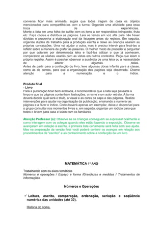 conversa ficar mais animada, sugira que todos tragam de casa os objetos
mencionados para compartilhá-los com a turma. Organize uma atividade para essa
troca                                  de                               experiências.
Monte a lista em uma folha de sulfite com os itens a ser respondidos brinquedo, fruta
etc. Faça cópias e distribua as páginas. Leia os temas em voz alta para não haver
dúvidas e proponha a elaboração oral da listagem antes do registro. Em seguida,
organize duplas de trabalho para a produção escrita e deixe as crianças usarem as
próprias concepções. Uma vai ajudar a outra, mas é preciso intervir para levá-las a
refletir sobre a maneira de grafar as palavras. O melhor modo de proceder é perguntar
por que optaram por determinada letra e fazê-las utilizar o que já conhecem,
comparando as sílabas usadas com as vistas em outros contextos. Peça que leiam o
próprio registro. Assim é possível observar a ausência de uma letra ou a necessidade
de                      alterar                    algumas                     delas.
Antes de partir para a confecção do livro, leve algumas obras infantis para a classe,
como as de contos, para que a organização das páginas seja observada. Chame
atenção           para         a         numeração         e         o        índice.


Produto final
- Livro
Para a publicação ficar bem acabada, é recomendável que a lista seja passada a
limpo e que as páginas contenham ilustrações, o nome e um auto- retrato. A turma
deverá decidir qual será o título, o visual e as cores da capa e das páginas. Realize
intervenções para ajudar na organização da publicação, ensinando a numerar as
páginas e a fazer o índice. Como haverá apenas um exemplar, deixe-o disponível para
o grupo consultar nos momentos livres e, em seguida, organize um rodízio para que
todos o levem para casa e leiam com os familiares

Atenção Professor (a): Observe se as crianças conseguem se expressar oralmente e
como interagem com os colegas quando eles estão fazendo a exposição. Observe se
avançaram em relação à escrita, a primeira lista certamente será feita com sua ajuda.
Mas na preparação da versão final você poderá conferir os avanços em relação aos
procedimentos de “escritor” e ao conhecimento sobre a confecção de um livro.




                              MATEMÁTICA 1º ANO

Trabalhando com os eixos temáticos
Números e operações / Espaço e forma /Grandezas e medidas / Tratamentos de
informações.

                             Números e Operações

 Leitura, escrita, comparação, ordenação, seriação e seqüência
 numérica das unidades (até 30).

  História do nome.
 