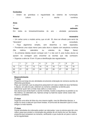 Conteúdos
-       Ordem       de        grandeza        e       regularidade      do      sistema       de     numeração.
-                     Leitura                          e                     escrita                  numérica.


Anos
1º                                                                                                           ano
Tempo                                                                                                 estimado
Em       todos       os       bimestres/trimestres            do       ano     -       atividade    permanente.


Material                                                                                             necessário
• Um cartaz como o modelo acima, que vá até 30, deve ser afixado para servir de
"dicionário"                             e                              ser                          consultado.
•       Faça        algarismos         simples,            sem     desenhos            e     bem     separados.
• Providencie uma cópia menor para cada aluno e objetos com sequência numérica
(fita      métrica,             calendário             ou         volantes         da         Mega       Sena).
• As primeiras tabelas devem começar com 1 e não com 0, pois muitos alunos se
apoiam         na    contagem          para       encontrar       as    escritas       que    não    conhecem.
• Organize a série de 10 em 10 para a identificação das regularidades.

           1             2         3              4          5          6          7           8        9
10         11            12        13             14         15         16         17          18       19
20         21            22        23             24         25         26         27          28       29
30

    Desenvolvimento
    1ª etapa
    Proponha ao longo do ano atividades envolvendo ordenação de números escritos de
    diferentes grandezas.
    Peça, por exemplo, que os pequenos pesquisem em casa a idade de seus familiares
    e depois, em sala de aula, ordenem os números coletados na família para
    determinar quem tem o irmão mais velho e o mais novo.
    Aos alunos que ainda fazem a escrita invertida, mostre a sequência na parede ou na
    fita métrica, no calendário etc. Apenas corrigir ou fazê-los copiar várias vezes não
    resolve o problema.

    2ª etapa
    Organize uma série de fotos de uma mesma região, mas de diferentes épocas, e
    anote no verso a data em que foram tiradas. A turma terá de descobrir qual é a mais
    antiga e a mais recente.

    3ª etapa
    Outras atividades de ordenação podem ser elencadas. Leve os alunos para dar uma
    volta e peça que anotem a numeração dos prédios de um trecho da rua. Na classe,
    proponha que comparem os números, verificando o que muda de um para o outro e
    se há regularidade.
 