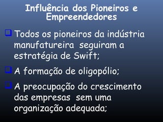  Todos os pioneiros da indústria
manufatureira seguiram a
estratégia de Swift;
 A formação de oligopólio;
 A preocupação do crescimento
das empresas sem uma
organização adequada;
Influência dos Pioneiros e
Empreendedores
 