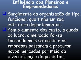  Surgimento da organização do tipo
funcional, que tinha em sua
estrutura departamentos;
 Com o aumento dos custo, a queda
do lucro, o mercado foi-se
tornando mais saturado e as
empresas passaram a procurar
novos mercados por meio da
diversificação de produtos;
Influência dos Pioneiros e
Empreendedores
 