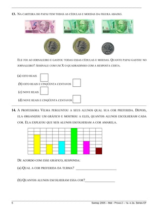 13. NA CARTEIRA DO PAPAI TEM TODAS AS CÉDULAS E MOEDAS DA FIGURA ABAIXO.
ELE FOI AO JORNALEIRO E GASTOU TODAS ESSAS CÉDULAS E MOEDAS. QUANTO PAPAI GASTOU NO
JORNALEIRO? ASSINALE COM UM X O QUADRADINHO COM A RESPOSTA CERTA.
(a) OITO REAIS
(b) OITO REAIS E CINQÜENTA CENTAVOS
(c) NOVE REAIS
(d) NOVE REAIS E CINQÜENTA CENTAVOS
14. A PROFESSORA VILMA PERGUNTOU A SEUS ALUNOS QUAL SUA COR PREFERIDA. DEPOIS,
ELA ORGANIZOU UM GRÁFICO E MOSTROU A ELES, QUANTOS ALUNOS ESCOLHERAM CADA
COR. ELA EXPLICOU QUE SEIS ALUNOS ESCOLHERAM A COR AMARELA.
DE ACORDO COM ESSE GRÁFICO, RESPONDA:
(a) QUAL A COR PREFERIDA DA TURMA? _______________________
(b) QUANTOS ALUNOS ESCOLHERAM ESSA COR?_________________
5 Saresp 2005 – Mat - Prova 2 – 1a. e 2a. Séries EF
 