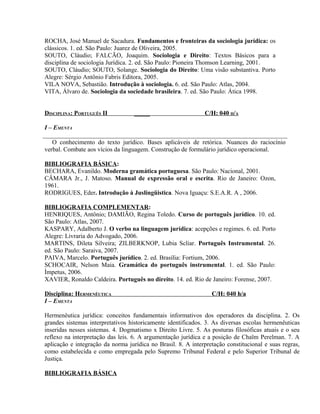 ROCHA, José Manuel de Sacadura. Fundamentos e fronteiras da sociologia jurídica: os
clássicos. 1. ed. São Paulo: Juarez de Oliveira, 2005.
SOUTO, Cláudio; FALCÃO, Joaquim. Sociologia e Direito: Textos Básicos para a
disciplina de sociologia Jurídica. 2. ed. São Paulo: Pioneira Thomson Learning, 2001.
SOUTO, Cláudio; SOUTO, Solange. Sociologia do Direito: Uma visão substantiva. Porto
Alegre: Sérgio Antônio Fabris Editora, 2005.
VILA NOVA, Sebastião. Introdução à sociologia. 6. ed. São Paulo: Atlas, 2004.
VITA, Álvaro de. Sociologia da sociedade brasileira. 7. ed. São Paulo: Ática 1998.


DISCIPLINA: PORTUGUÊS II           _____                      C/H: 040 H/A

I – EMENTA

   O conhecimento do texto jurídico. Bases aplicáveis de retórica. Nuances do raciocínio
verbal. Combate aos vícios da linguagem. Construção de formulário jurídico operacional.

BIBLIOGRAFIA BÁSICA:
BECHARA, Evanildo. Moderna gramática portuguesa. São Paulo: Nacional, 2001.
CÂMARA Jr., J. Matoso. Manual de expressão oral e escrita. Rio de Janeiro: Ozon,
1961.
RODRIGUES, Eder. Introdução à Juslingüistica. Nova Iguaçu: S.E.A.R. A , 2006.

BIBLIOGRAFIA COMPLEMENTAR:
HENRIQUES, Antônio; DAMIÃO, Regina Toledo. Curso de português jurídico. 10. ed.
São Paulo: Atlas, 2007.
KASPARY, Adalberto J. O verbo na linguagem jurídica: acepções e regimes. 6. ed. Porto
Alegre: Livraria do Advogado, 2006.
MARTINS, Dileta Silveira; ZILBERKNOP, Lubia Scliar. Português Instrumental. 26.
ed. São Paulo: Saraiva, 2007.
PAIVA, Marcelo. Português jurídico. 2. ed. Brasília: Fortium, 2006.
SCHOCAIR, Nelson Maia. Gramática do português instrumental. 1. ed. São Paulo:
Ìmpetus, 2006.
XAVIER, Ronaldo Caldeira. Português no direito. 14. ed. Rio de Janeiro: Forense, 2007.

Disciplina: HERMENÊUTICA                                         C/H: 040 h/a
I – EMENTA

Hermenêutica jurídica: conceitos fundamentais informativos dos operadores da disciplina. 2. Os
grandes sistemas interpretativos historicamente identificados. 3. As diversas escolas hermenêuticas
inseridas nesses sistemas. 4. Dogmatismo x Direito Livre. 5. As posturas filosóficas atuais e o seu
reflexo na interpretação das leis. 6. A argumentação jurídica e a posição de Chaïm Perelman. 7. A
aplicação e integração da norma jurídica no Brasil. 8. A interpretação constitucional e suas regras,
como estabelecida e como empregada pelo Supremo Tribunal Federal e pelo Superior Tribunal de
Justiça.

BIBLIOGRAFIA BÁSICA
 