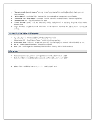 • “NumeroUno & SummitAwards” several times forachievinghighquality&productivityinteamon
monthlybasis.
• “Kudos Award” for -Q1-FY 15 formaintaininghigh quality &receivingclientappreciations.
• “Individual Extra MilerAward” for single handled managedPOamendmentswithoutanydefects.
• “Ramp Award” for a top performerof the team.
• “Kudos Award” for-Q1-FY16 for ensuring timely completion of sourcing requests with client
appreciation.
• Single handled bought Microsoft Webcams and Plantronics Headsets for 13 countries – achieved
savings.
Technical Skills and Certifications
• Operating System - Windows98/XP/Windows7professional
• Office Suite - MS – Excel,Word,PowerPoint,Outlook&LotusNotes
• Procurement Tools – Ariba9r1 & SAP(MMModule),Procure Edge (P2P) InfosysPlatformbasedonSAP
• APCP – Accenture ProcurementCertification Program
• T300 - S2C -Sourcing&Procurement practice domaintrainingcertification inInfosys
Education
• Master inCommerce (M.Com) Correspondence fromC.C.SUniversity - 2014
• BachelorinCommerce (B.Com) Correspondence fromC.C.S.University -2007
• Note:-ValidPassport-G7732187 & U.S. B1 Visa(validtill 2020)
 