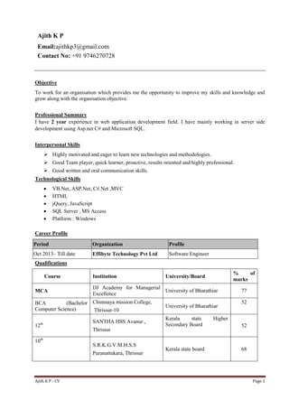 Ajith K P - CV Page 1
Ajith K P
Email:ajithkp3@gmail.com
Contact No: +91 9746270728
Objective
To work for an organisation which provides me the opportunity to improve my skills and knowledge and
grow along with the organisation objective.
Professional Summary
I have 2 year experience in web application development field. I have mainly working in server side
development using Asp.net C# and Microsoft SQL.
Interpersonal Skills
 Highly motivated and eager to learn new technologies and methodologies.
 Good Team player, quick learner, proactive, results oriented and highly professional.
 Good written and oral communication skills.
Technological Skills
 VB.Net, ASP.Net, C#.Net ,MVC
 HTML
 jQuery, JavaScript
 SQL Server , MS Access
 Platform : Windows
Career Profile
Period Organization Profile
Oct 2013– Till date Effibyte Technology Pvt Ltd Software Engineer
Qualifications
Course Institution University/Board
% of
marks
MCA
DJ Academy for Managerial
Excellence
University of Bharathiar 77
BCA (Bachelor
Computer Science)
Chinmaya mission College,
Thrissur-10
University of Bharathiar
52
12th SANTHA HSS Avanur ,
Thrissur
Kerala state Higher
Secondary Board 52
10th
S.R.K.G.V.M.H.S.S
Puranattukara, Thrissur
Kerala state board 68
 