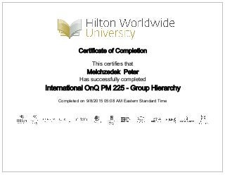 Certificate of Completion
This certifies that
Melchzedek Peter
Has successfully completed
International OnQ PM 225 - Group Hierarchy
Completed on 9/8/2015 05:08 AM Eastern Standard Time
 