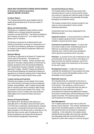 25
Trustees’ Report
The Trustees present their report together with the
audited financial statements for the year ended 31
March 2015.
Status and Administration
The Bureau is a registered charity (charity number
1099640) and a company limited by guarantee
(company number 04787378). The maximum liability of
each member is limited to £1. At 31 March 2015 the
Bureau had 10 members.
The Bureau is governed by its Memorandum and
Articles of Association as issued on incorporation on 4
June 2003 as amended by certificate of incorporation
on change of name dated 24 September 2009 and 3
November 2009.
Decision Making
The Bureau is governed by its Board of Trustees who
set the policy of the Bureau. The policies are
implemented by the Trustees. Bureau members also
take part in the policy making activity of the Bureau by
passing resolutions at the Annual General Meeting.
The Trustee Board consists of elected Trustees and
appointed Trustees. Elected Trustees are elected at
Annual General Meetings and appointed trustees are
appointed at an Ordinary meeting of the Trustee Board.
The Trustee Board meets at least 6 times a year.
Trustee training and Induction
Potential new trustees are sent details of the charity
and a short Charity Commission brochure explaining
trustees’ responsibilities. New Trustees are provided
with an induction pack which includes a fuller Charity
Commission brochure and details of the charity. The
Board looks to recruit Trustees who have particular
skills helpful to the charity and offers training as
required.
Review of Financial Position
At 31 March 2015, the Bureau held reserves of
£224,985 (2014: £194,398) of which £210,957 (2014:
£174,972) were unrestricted, representing the charities
free reserves. Unrestricted funds are funds raised, or
grants awarded, to the Bureau with no restriction on use
other than they must be used in furtherance of the
Bureau's objectives and comply with the Bureau's
normal financial management requirements.
Unrestricted Reserves Policy
The trustees believe that the bureau should hold
financial reserves in order to ensure that the charity
can continue to operate and meet the needs of clients
in the event of unforeseen and potentially financially
damaging circumstances arising.
The trustees consider that it would be prudent to set
aside an amount equivalent to three months'
operating expenditure.
Unrestricted funds have been designated for the
following purposes:
Equipment reserve - to ensure that there is sufficient
money to replace equipment when it becomes
obsolete or beyond economic repair.
Contractual commitment reserve - to ensure that
the bureau is able to cover contracted payments to
staff such as redundancy, provision of locum
maternity cover, and the costs of any disciplinary
and/or grievance procedures which may arise.
Premises - to provide for the cost of relocating to new
premises either at the expiry of the current lease or if
larger premises are deemed necessary, and for the
cost of major repairs and maintenance of the bureau
for the next 5 years.
Development reserve – to allow the bureau to
undertake the development of new projects and areas
of work and to conduct full feasibility studies on the
advisability of such proposals.
Restricted reserves
The restricted funds are restricted by the donor or
funder and cannot be used for the general purposes
of the bureau. Their existence, and the sums of
money therein, do not imply that there has been an
underspend but may result from a variety of
circumstances including timing differences between
the bureau's financial year and the funding year of the
project concerned. This reserves policy is monitored
and reviewed by the trustees annually.
Risk Management
The Trustees assess the major risks to which the
Bureau may be exposed. This involves identifying the
types of risk and putting systems in place to ensure
that significant risks are recorded for subsequent
monitoring. In the meantime, the trustees remain
satisfied that all insurable risks have been identified
and adequately dealt with and that the Bureau’s
exposure to other risks is kept at a minimum by good
ARUN AND CHICHESTER CITIZENS ADVICE BUREAU
(A Company Limited by Guarantee)
ANNUAL REPORT 2014/2015
 