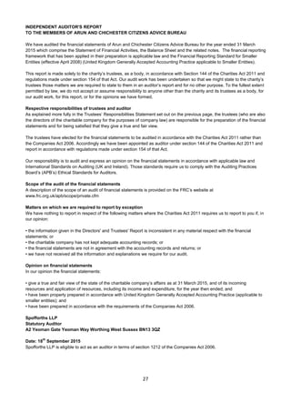 27
INDEPENDENT AUDITOR'S REPORT
TO THE MEMBERS OF ARUN AND CHICHESTER CITIZENS ADVICE BUREAU
We have audited the financial statements of Arun and Chichester Citizens Advice Bureau for the year ended 31 March
2015 which comprise the Statement of Financial Activities, the Balance Sheet and the related notes. The financial reporting
framework that has been applied in their preparation is applicable law and the Financial Reporting Standard for Smaller
Entities (effective April 2008) (United Kingdom Generally Accepted Accounting Practice applicable to Smaller Entities).
This report is made solely to the charity’s trustees, as a body, in accordance with Section 144 of the Charities Act 2011 and
regulations made under section 154 of that Act. Our audit work has been undertaken so that we might state to the charity’s
trustees those matters we are required to state to them in an auditor’s report and for no other purpose. To the fullest extent
permitted by law, we do not accept or assume responsibility to anyone other than the charity and its trustees as a body, for
our audit work, for this report, or for the opinions we have formed.
Respective responsibilities of trustees and auditor
As explained more fully in the Trustees’ Responsibilities Statement set out on the previous page, the trustees (who are also
the directors of the charitable company for the purposes of company law) are responsible for the preparation of the financial
statements and for being satisfied that they give a true and fair view.
The trustees have elected for the financial statements to be audited in accordance with the Charities Act 2011 rather than
the Companies Act 2006. Accordingly we have been appointed as auditor under section 144 of the Charities Act 2011 and
report in accordance with regulations made under section 154 of that Act.
Our responsibility is to audit and express an opinion on the financial statements in accordance with applicable law and
International Standards on Auditing (UK and Ireland). Those standards require us to comply with the Auditing Practices
Board’s (APB’s) Ethical Standards for Auditors.
Scope of the audit of the financial statements
A description of the scope of an audit of financial statements is provided on the FRC’s website at
www.frc.org.uk/apb/scope/private.cfm
Matters on which we are required to report by exception
We have nothing to report in respect of the following matters where the Charities Act 2011 requires us to report to you if, in
our opinion:
• the information given in the Directors' and Trustees' Report is inconsistent in any material respect with the financial
statements; or
• the charitable company has not kept adequate accounting records; or
• the financial statements are not in agreement with the accounting records and returns; or
• we have not received all the information and explanations we require for our audit.
Opinion on financial statements
In our opinion the financial statements:
• give a true and fair view of the state of the charitable company’s affairs as at 31 March 2015, and of its incoming
resources and application of resources, including its income and expenditure, for the year then ended; and
• have been properly prepared in accordance with United Kingdom Generally Accepted Accounting Practice (applicable to
smaller entities); and
• have been prepared in accordance with the requirements of the Companies Act 2006.
Spofforths LLP
Statutory Auditor
A2 Yeoman Gate Yeoman Way Worthing West Sussex BN13 3QZ
Date: 18
th
September 2015
Spofforths LLP is eligible to act as an auditor in terms of section 1212 of the Companies Act 2006.
 