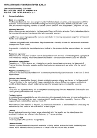 30
1 Accounting Policies
Basis of accounting
The financial statements have been prepared under the historical cost convention, and in accordance with the
Statement of Recommended Practice "Accounting and Reporting by Charities" (SORP 2005) issued in March
2005, the Financial Reporting Standard for Smaller Entities (effective April 2008) and the Companies Act 2006.
Incoming resources
All incoming resources are included in the Statement of Financial Activities when the Charity is legally entitled to
the income and the amount can be quantified with reasonable accuracy.
Legal Services cases in progress at the year-end are included in incoming resources in proportion to the extent
that the case is complete.
Grants are recognised in the year in which they are receivable. Voluntary income and donations are accounted
for as received by the charity.
An amount is included in the financial statements to allow for the provision of office accommodation at a reduced
rent.
Resources expended
All expenditure is accounted for on an accruals basis and has been classified under headings that aggregate all
costs related to a category. All costs have been allocated on a basis consistent with the use of the resource.
Expenditure on equipment
Expenditure of £2,500 or less on any individual equipment is charged as an expense in the Statement of
Financial Activities. Computer upgrades and furniture/equipment replacements are written off in the year of
purchase.
Apportionment of expenses
Expenditure has been apportioned between charitable expenditure and governance costs on the basis of direct
apportionment.
Pension contributions
Contributions in respect of the Bureau’s defined contribution pension scheme are charged to the Statement of
Financial Activities for the year in which they are payable to the scheme. Differences between contributions
payable and contributions actually paid are shown as either accruals or prepayments at the year end.
Taxation
The Bureau is a registered charity and is exempt from taxation (except for Value Added Tax) on its income and
capital gains applied for charitable purposes.
Fund accounting
Unrestricted funds are available for use at the discretion of the trustees in furtherance of the general objectives of
the Bureau. Restricted funds are used in accordance with specific restrictions imposed by the donors. The
purpose of each restricted fund is set out in note 11.
Where allowed under the terms of the grant, volunteer costs are included as a transfer between funds using the
relevant hourly rate, based on the hours worked on each project
Leasing
Rentals applicable to operating leases where substantially all of the benefits and the risks of ownership
remain with the lessor are reflected in the Statement of Financial Activities.
Irrecoverable VAT
The irrecoverable VAT is included in expenditure.
Deferred Income
Deferred income represents the amounts receivable for future periods, as specified by the donors or grants
makers, and is released to incoming resources in the period for which it has been received.
ARUN AND CHICHESTER CITIZENS ADVICE BUREAU
(A Company Limited by Guarantee)
NOTES TO THE FINANCIAL STATEMENTS
FOR THE YEAR ENDED 31 MARCH 2015
 