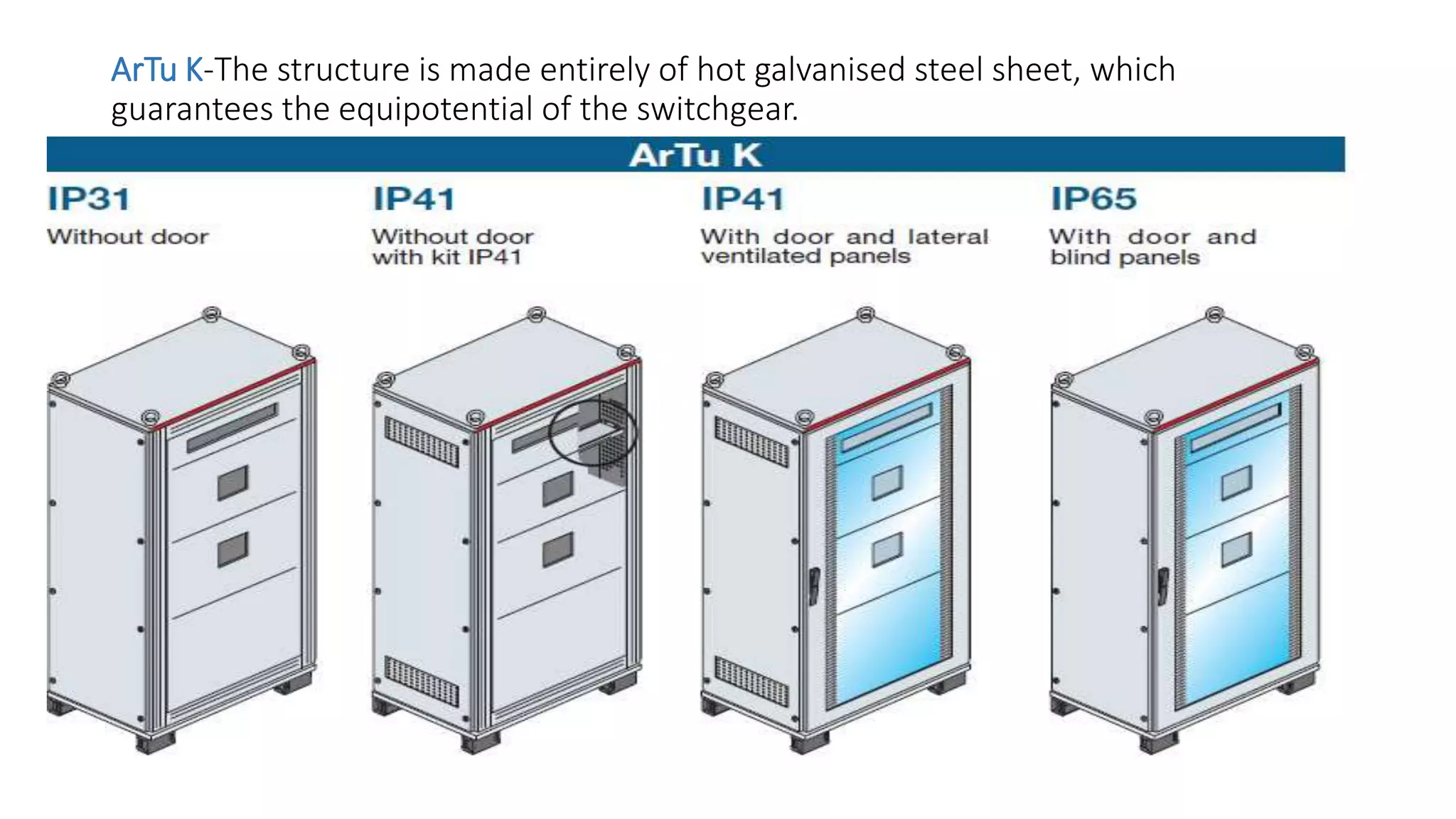 ArTu K-The structure is made entirely of hot galvanised steel sheet, which
guarantees the equipotential of the switchgear.
 