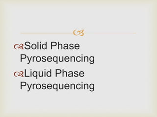 
Solid Phase
Pyrosequencing
Liquid Phase
Pyrosequencing
 