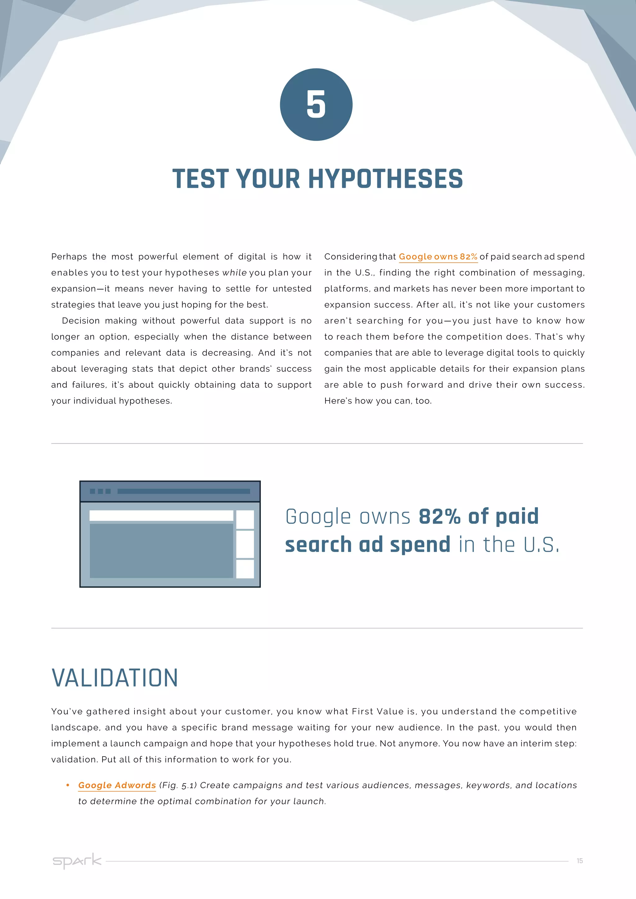 15
TEST YOUR HYPOTHESES
Perhaps the most powerful element of digital is how it
enables you to test your hypotheses while you plan your
expansion—it means never having to settle for untested
strategies that leave you just hoping for the best.
Decision making without powerful data support is no
longer an option, especially when the distance between
companies and relevant data is decreasing. And it’s not
about leveraging stats that depict other brands’ success
and failures, it’s about quickly obtaining data to support
your individual hypotheses.
5
You’ve gathered insight about your customer, you know what First Value is, you understand the competitive
landscape, and you have a specific brand message waiting for your new audience. In the past, you would then
implement a launch campaign and hope that your hypotheses hold true. Not anymore. You now have an interim step:
validation. Put all of this information to work for you.
•• Google Adwords (Fig. 5.1) Create campaigns and test various audiences, messages, keywords, and locations
to determine the optimal combination for your launch.
VALIDATION
Considering that Google owns 82% of paid search ad spend
in the U.S., finding the right combination of messaging,
platforms, and markets has never been more important to
expansion success. After all, it’s not like your customers
aren’t searching for you—you just have to know how
to reach them before the competition does. That’s why
companies that are able to leverage digital tools to quickly
gain the most applicable details for their expansion plans
are able to push forward and drive their own success.
Here’s how you can, too.
Google owns 82% of paid
search ad spend in the U.S.
 