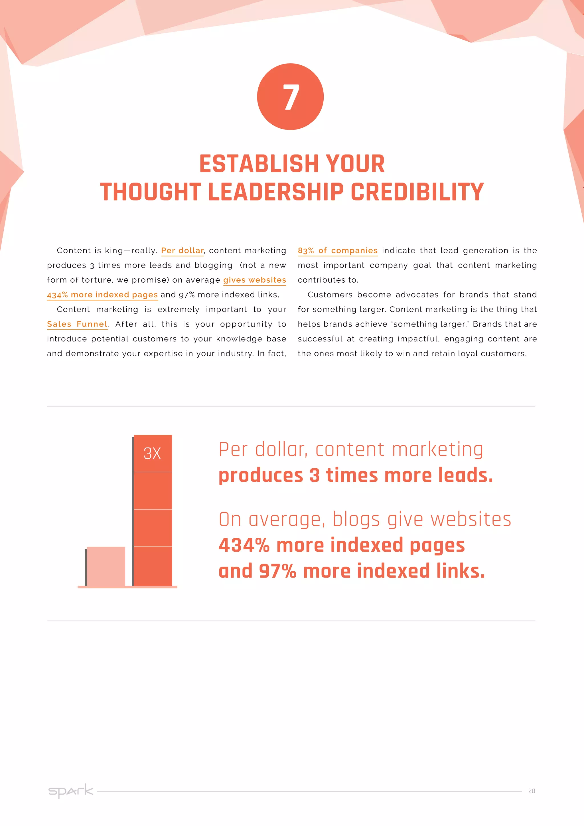 20
ESTABLISH YOUR
THOUGHT LEADERSHIP CREDIBILITY
7
Content is king—really. Per dollar, content marketing
produces 3 times more leads and blogging (not a new
form of torture, we promise) on average gives websites
434% more indexed pages and 97% more indexed links.
Content marketing is extremely important to your
Sales Funnel. After all, this is your opportunity to
introduce potential customers to your knowledge base
and demonstrate your expertise in your industry. In fact,
Per dollar, content marketing
produces 3 times more leads.
On average, blogs give websites
434% more indexed pages
and 97% more indexed links.
3X
83% of companies indicate that lead generation is the
most important company goal that content marketing
contributes to.
Customers become advocates for brands that stand
for something larger. Content marketing is the thing that
helps brands achieve “something larger.” Brands that are
successful at creating impactful, engaging content are
the ones most likely to win and retain loyal customers.
 