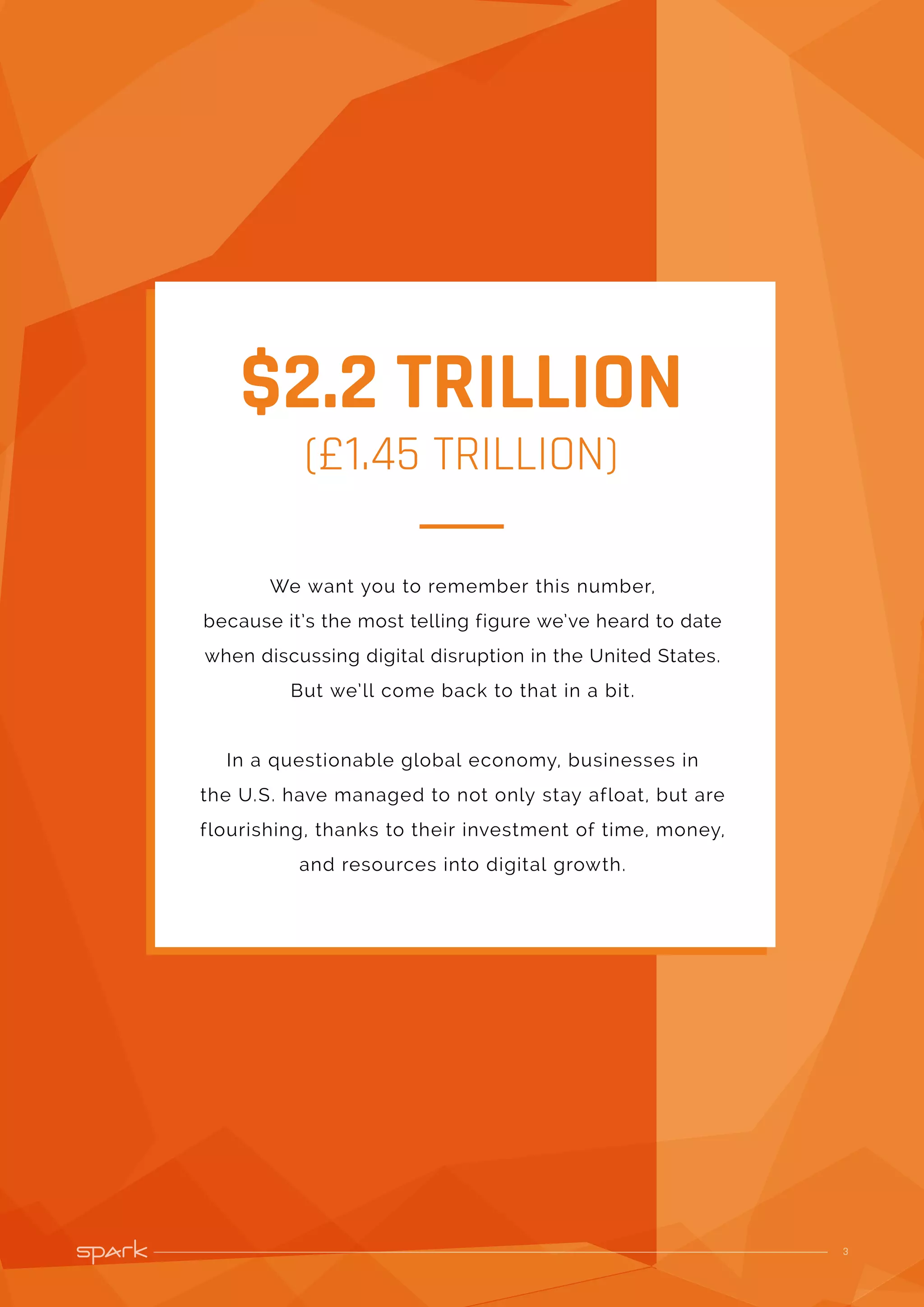 3
$2.2 TRILLION
(£1.45 TRILLION)
We want you to remember this number,
because it’s the most telling figure we’ve heard to date
when discussing digital disruption in the United States.
But we’ll come back to that in a bit.
In a questionable global economy, businesses in
the U.S. have managed to not only stay afloat, but are
flourishing, thanks to their investment of time, money,
and resources into digital growth.
 