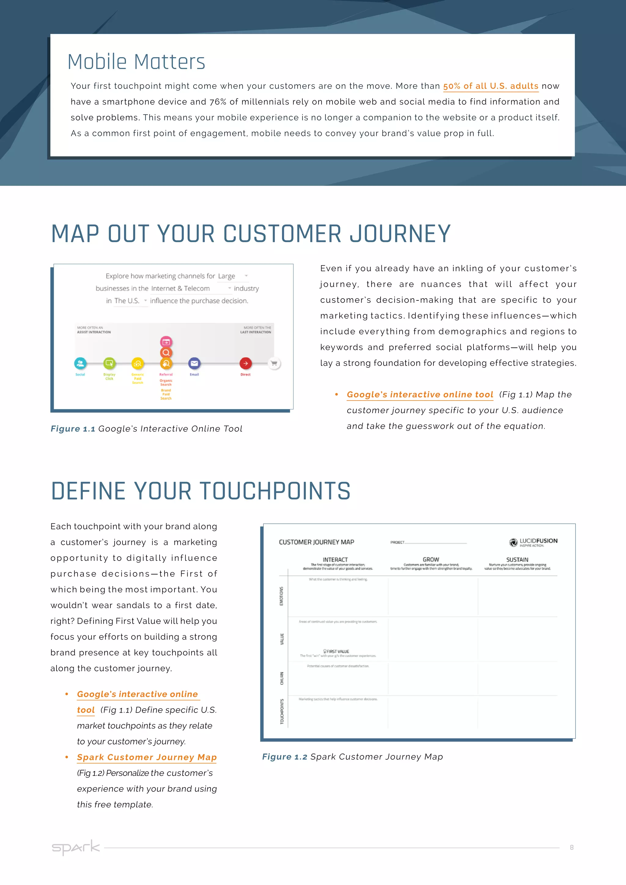 8
Even if you already have an inkling of your customer’s
journey, there are nuances that will af fe ct your
customer’s decision-making that are specific to your
marketing tactics. Identifying these influences—which
include everything from demographics and regions to
keywords and preferred social platforms—will help you
lay a strong foundation for developing effective strategies.
•• Google’s interactive online tool (Fig 1.1) Map the
customer journey specific to your U.S. audience
and take the guesswork out of the equation.
Each touchpoint with your brand along
a customer’s journey is a marketing
oppor tunit y to digit ally inf luence
p u rc h a s e d e c i s i o n s — t h e F i r s t o f
which being the most important. You
wouldn’t wear sandals to a first date,
right? Defining First Value will help you
focus your efforts on building a strong
brand presence at key touchpoints all
along the customer journey.
•• Google’s interactive online
tool (Fig 1.1) Define specific U.S.
market touchpoints as they relate
to your customer’s journey.
•• Spark Customer Journey Map
(Fig 1.2) Personalize the customer’s
experience with your brand using
this free template.
Figure 1.1 Google’s Interactive Online Tool
Figure 1.2 Spark Customer Journey Map
MAP OUT YOUR CUSTOMER JOURNEY
DEFINE YOUR TOUCHPOINTS
Your first touchpoint might come when your customers are on the move. More than 50% of all U.S. adults now
have a smartphone device and 76% of millennials rely on mobile web and social media to find information and
solve problems. This means your mobile experience is no longer a companion to the website or a product itself.
As a common first point of engagement, mobile needs to convey your brand’s value prop in full.
Mobile Matters
 