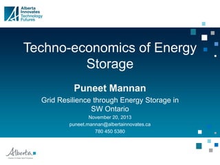 Techno-economics of Energy
Storage
Puneet Mannan
Grid Resilience through Energy Storage in
SW Ontario
November 20, 2013
puneet.mannan@albertainnovates.ca
780 450 5380
 