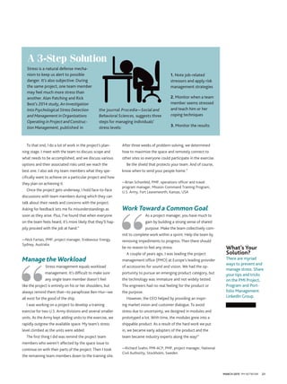 MARCH 2015 PM NETWORK 21
To that end, I do a lot of work in the project’s plan-
ning stage. I meet with the team to discuss scope and
what needs to be accomplished, and we discuss various
options and their associated risks until we reach the
best one. I also ask my team members what they spe-
cifically want to achieve on a particular project and how
they plan on achieving it.
Once the project gets underway, I hold face-to-face
discussions with team members during which they can
talk about their needs and concerns with the project.
Asking for feedback lets me fix misunderstandings as
soon as they arise. Plus, I’ve found that when everyone
on the team feels heard, it’s more likely that they’ll hap-
pily proceed with the job at hand.”
—Nick Fartais, PMP, project manager, Endeavour Energy,
Sydney, Australia
Manage the Workload
Stress management equals workload
management. It’s difficult to make sure
any single team member doesn’t feel
like the project is entirely on his or her shoulders, but
always remind them that—to paraphrase Ben-Hur—we
all exist for the good of the ship.
I was working on a project to develop a training
exercise for two U.S. Army divisions and several smaller
units. As the Army kept adding units to the exercise, we
rapidly outgrew the available space. My team’s stress
level climbed as the units were added.
The first thing I did was remind the project team
members who weren’t affected by the space issue to
continue on with their parts of the project. Then I took
the remaining team members down to the training site.
A 3-Step Solution
What’s Your
Solution?
There are myriad
ways to prevent and
manage stress. Share
your tips and tricks
on the PMI Project,
Program and Port-
folio Management
LinkedIn Group.
After three weeks of problem-solving, we determined
how to maximize the space and remotely connect to
other sites so everyone could participate in the exercise.
Be the shield that protects your team. And of course,
know when to send your people home.”
—Brian Schonfeld, PMP, operations officer and travel
program manager, Mission Command Training Program,
U.S. Army, Fort Leavenworth, Kansas, USA
Work Toward a Common Goal
As a project manager, you have much to
gain by building a strong sense of shared
purpose. Make the team collectively com-
mit to complete work within a sprint. Help the team by
removing impediments to progress. Then there should
be no reason to feel any stress.
A couple of years ago, I was leading the project
management office (PMO) at Europe’s leading provider
of accessories for sound and vision. We had the op-
portunity to pursue an emerging product category, but
the technology was immature and not widely tested.
The engineers had no real feeling for the product or
the purpose.
However, the CEO helped by providing an inspir-
ing market vision and customer dialogue. To avoid
stress due to uncertainty, we designed in modules and
prototyped a lot. With time, the modules grew into a
shippable product. As a result of the hard work we put
in, we became early adopters of the product and the
team became industry experts along the way!”
—Richard Svahn, PMI-ACP, PMP, project manager, National
Civil Authority, Stockholm, Sweden
Stress is a natural defense mecha-
nism to keep us alert to possible
danger. It’s also subjective: During
the same project, one team member
may feel much more stress than
another. Alan Patching and Rick
Best’s 2014 study, An Investigation
Into Psychological Stress Detection
and Management inOrganizations
Operating in Project andConstruc-
tion Management, published in
the journal Procedia—Social and
Behavioral Sciences, suggests three
steps for managing individuals’
stress levels: 3. Monitor the results
1. Note job-related
stressors and apply risk
management strategies
2. Monitor when a team
member seems stressed
and teach him or her
coping techniques
 