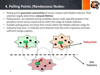4. Polling Points /Rendezvous Nodes-
• Polling points guarantee connectivity of sensor clusters with Mobile collector. Their
selection largely determines network lifetime.
• Polling points are selected among candidate Sensor node typically located in the
periphery of the sensor island and lie within the range of mobile collector.
• Suitable polling points are those that remain within the Mobile collector range for
• relatively long time, in relatively short distance from the sink's trajectory and have
sufficient energy supplies.
Polling Point
Sink
Trajectory
 