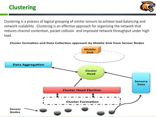 Clustering
Clustering is a process of logical grouping of similar sensors to achieve load balancing and
network scalability . Clustering is an effective approach for organizing the network that
reduces channel contention, packet collision and improved network throughput under high
load.
Cluster
Head
Mobile
Sink
Data Aggrega on
Cluster Head Elec on
Cluster Forma on
Sensor
Nodes
Sensory
Data
Cluster forma on and Data Collec on approach by Mobile Sink from Sensor Nodes
 