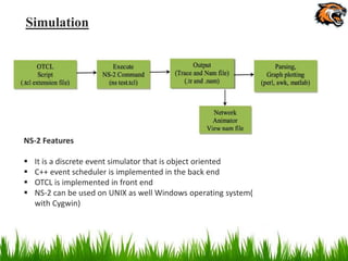Simulation
NS-2 Features
 It is a discrete event simulator that is object oriented
 C++ event scheduler is implemented in the back end
 OTCL is implemented in front end
 NS-2 can be used on UNIX as well Windows operating system(
with Cygwin)
 