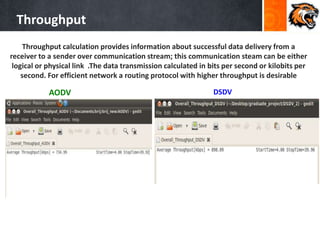 Throughput
Throughput calculation provides information about successful data delivery from a
receiver to a sender over communication stream; this communication steam can be either
logical or physical link .The data transmission calculated in bits per second or kilobits per
second. For efficient network a routing protocol with higher throughput is desirable
AODV DSDV
 