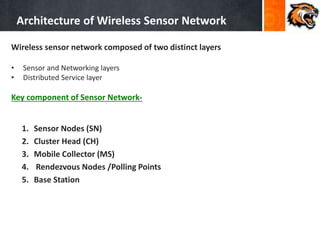 Architecture of Wireless Sensor Network
Wireless sensor network composed of two distinct layers
• Sensor and Networking layers
• Distributed Service layer
Key component of Sensor Network-
1. Sensor Nodes (SN)
2. Cluster Head (CH)
3. Mobile Collector (MS)
4. Rendezvous Nodes /Polling Points
5. Base Station
 