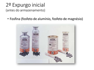 2º Expurgo inicial
(antes do armazenamento)
• Fosfina (fosfeto de alumínio, fosfeto de magnésio)
 