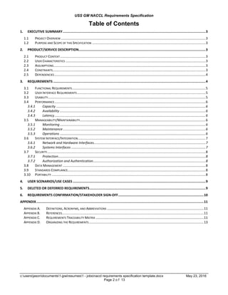 USS GM NACCL Requirements Specification
c:usersjasondocuments1-jpwresumes1 - jobsnaccl requirements specification template.docx May 23, 2016
Page 2 o f 13
Table of Contents
1. EXECUTIVE SUMMARY .................................................................................................................................................3
1.1 PROJECT OVERVIEW ..........................................................................................................................................................3
1.2 PURPOSE AND SCOPE OF THIS SPECIFICATION .........................................................................................................................3
2. PRODUCT/SERVICE DESCRIPTION.................................................................................................................................3
2.1 PRODUCT CONTEXT...........................................................................................................................................................3
2.2 USER CHARACTERISTICS .....................................................................................................................................................3
2.3 ASSUMPTIONS..................................................................................................................................................................3
2.4 CONSTRAINTS...................................................................................................................................................................3
2.5 DEPENDENCIES.................................................................................................................................................................4
3. REQUIREMENTS ...........................................................................................................................................................4
3.1 FUNCTIONAL REQUIREMENTS..............................................................................................................................................5
3.2 USER INTERFACE REQUIREMENTS.........................................................................................................................................5
3.3 USABILITY........................................................................................................................................................................5
3.4 PERFORMANCE.................................................................................................................................................................6
3.4.1 Capacity ...............................................................................................................................................................6
3.4.2 Availability ...........................................................................................................................................................6
3.4.3 Latency.................................................................................................................................................................6
3.5 MANAGEABILITY/MAINTAINABILITY......................................................................................................................................6
3.5.1 Monitoring ...........................................................................................................................................................6
3.5.2 Maintenance........................................................................................................................................................6
3.5.3 Operations ...........................................................................................................................................................6
3.6 SYSTEM INTERFACE/INTEGRATION........................................................................................................................................7
3.6.1 Network and Hardware Interfaces.......................................................................................................................7
3.6.2 Systems Interfaces ...............................................................................................................................................7
3.7 SECURITY.........................................................................................................................................................................8
3.7.1 Protection.............................................................................................................................................................8
3.7.2 Authorization and Authentication........................................................................................................................8
3.8 DATA MANAGEMENT ........................................................................................................................................................8
3.9 STANDARDS COMPLIANCE...................................................................................................................................................8
3.10 PORTABILITY ....................................................................................................................................................................8
4. USER SCENARIOS/USE CASES .......................................................................................................................................9
5. DELETED OR DEFERRED REQUIREMENTS......................................................................................................................9
6. REQUIREMENTS CONFIRMATION/STAKEHOLDER SIGN-OFF.......................................................................................10
APPENDIX..........................................................................................................................................................................11
APPENDIX A. DEFINITIONS, ACRONYMS, AND ABBREVIATIONS .......................................................................................................11
APPENDIX B. REFERENCES.......................................................................................................................................................11
APPENDIX C. REQUIREMENTS TRACEABILITY MATRIX ...................................................................................................................11
APPENDIX D. ORGANIZING THE REQUIREMENTS ..........................................................................................................................13
 