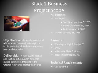Milestones
 Prototype
 Specifications: June 5, 2015
 Build: December 18, 2015
 Test: January 15, 2016
 Launch: January 22, 2016
Partners
 Washington High School of IT
 AACC
 Milwaukee Black Business
 Bader Philanthropies, Inc.
Technical Requirements
 CSV database
Black 2 Business
Project Scope
Objective: Accelerate the creation of
African American wealth through the
implementation of technical marketing
tools and strategies
Deliverable: A high quality mobile
app that identifies African American
owned businesses throughout the
Greater Milwaukee metropolitan area
 