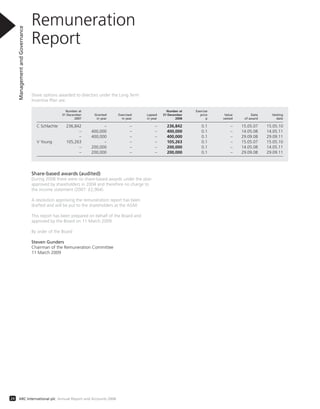 Remuneration
Report
ManagementandGovernance
24 ARC International plc Annual Report and Accounts 2008
Share-based awards (audited)
During 2008 there were no share-based awards under the plan
approved by shareholders in 2004 and therefore no charge to
the income statement (2007: £2,964).
A resolution approving the remuneration report has been
drafted and will be put to the shareholders at the AGM.
This report has been prepared on behalf of the Board and
approved by the Board on 11 March 2009.
By order of the Board
Steven Gunders
Chairman of the Remuneration Committee
11 March 2009
Share options awarded to directors under the Long Term
Incentive Plan are:
Number at Number at Exercise
31 December Granted Exercised Lapsed 31 December price Value Date Vesting
2007 in year in year in year 2008 p vested of award date
C Schlachte 236,842 – – – 236,842 0.1 – 15.05.07 15.05.10
– 400,000 – – 400,000 0.1 – 14.05.08 14.05.11
– 400,000 – – 400,000 0.1 – 29.09.08 29.09.11
V Young 105,263 – – – 105,263 0.1 – 15.05.07 15.05.10
– 200,000 – – 200,000 0.1 – 14.05.08 14.05.11
– 200,000 – – 200,000 0.1 – 29.09.08 29.09.11
 