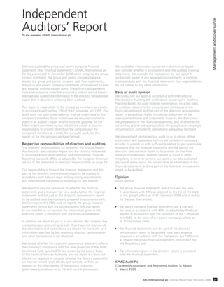Independent
Auditors’ ReportTo the members of ARC International plc
ManagementandGovernance
29ARC International plc Annual Report and Accounts 2008
We have audited the group and parent company financial
statements (the ’’financial statements’’) of ARC International plc
for the year ended 31 December 2008 which comprise the group
income statement, the group and parent company balance
sheets, the group and parent company cash flow statements,
the group and parent company statements of recognised income
and expense and the related notes. These financial statements
have been prepared under the accounting policies set out therein.
We have also audited the information in the directors’ remuneration
report that is described as having been audited.
This report is made solely to the company’s members, as a body,
in accordance with section 235 of the Companies Act 1985. Our
audit work has been undertaken so that we might state to the
company’s members those matters we are required to state to
them in an auditor’s report and for no other purpose. To the
fullest extent permitted by law, we do not accept or assume
responsibility to anyone other than the company and the
company’s members as a body, for our audit work, for this
report, or for the opinions we have formed.
Respective responsibilities of directors and auditors
The directors’ responsibilities for preparing the Annual Report,
the directors’ remuneration report and the financial statements
in accordance with applicable law and International Financial
Reporting Standards (IFRSs) as adopted by the European Union are
set out in the statement of directors’ responsibilities on page 28.
Our responsibility is to audit the financial statements and the
part of the directors’ remuneration report to be audited in
accordance with relevant legal and regulatory requirements
and International Standards on Auditing (UK and Ireland).
We report to you our opinion as to whether the financial
statements give a true and fair view and whether the financial
statements and the part of the directors’ remuneration report
to be audited have been properly prepared in accordance with
the Companies Act 1985 and, as regards the group financial
statements, Article 4 of the IAS Regulation. We also report
to you whether in our opinion the information given in the
directors’ report is consistent with the financial statements.
In addition we report to you if, in our opinion, the company has
not kept proper accounting records, if we have not received all
the information and explanations we require for our audit, or if
information specified by law regarding directors’ remuneration
and other transactions is not disclosed.
We review whether the corporate governance statement reflects
the company’s compliance with the nine provisions of the 2006
Combined Code specified for our review by the Listing Rules
of the Financial Services Authority, and we report if it does not.
We are not required to consider whether the Board’s statements
on internal control cover all risks and controls, or form an
opinion on the effectiveness of the group’s corporate
governance procedures or its risk and control procedures.
We read other information contained in the Annual Report
and consider whether it is consistent with the audited financial
statements. We consider the implications for our report if
we become aware of any apparent misstatements or material
inconsistencies with the financial statements. Our responsibilities
do not extend to any other information.
Basis of audit opinion
We conducted our audit in accordance with International
Standards on Auditing (UK and Ireland) issued by the Auditing
Practices Board. An audit includes examination, on a test basis,
of evidence relevant to the amounts and disclosures in the
financial statements and the part of the directors’ remuneration
report to be audited. It also includes an assessment of the
significant estimates and judgements made by the directors in
the preparation of the financial statements, and of whether the
accounting policies are appropriate to the group’s and company’s
circumstances, consistently applied and adequately disclosed.
We planned and performed our audit so as to obtain all the
information and explanations which we considered necessary
in order to provide us with sufficient evidence to give reasonable
assurance that the financial statements and the part of the
directors’ remuneration report to be audited are free from
material misstatement, whether caused by fraud or other
irregularity or error. In forming our opinion we also evaluated
the overall adequacy of the presentation of information in the
financial statements and the part of the directors’ remuneration
report to be audited.
Opinion
In our opinion:
the group financial statements give a true and fair view,
in accordance with IFRSs as adopted by the EU, of the state
of the group’s affairs as at 31 December 2008 and of its loss
for the year then ended;
the parent company financial statements give a true and
fair view, in accordance with IFRSs as adopted by the EU as
applied in accordance with the provisions of the Companies
Act 1985, of the state of the parent company’s affairs as
at 31 December 2008;
the financial statements and the part of the directors’
remuneration report to be audited have been properly
prepared in accordance with the Companies Act 1985 and,
as regards the group financial statements, Article 4 of the
IAS Regulation; and
the information given in the directors’ report is consistent
with the financial statements.
KPMG Audit Plc
Chartered Accountants and Registered Auditor, St Albans
11 March 2009
 