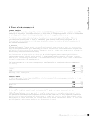 4 Financial risk management
Financial risk factors
The group’s activities expose it to a variety of financial risks: market risk (including currency risk, fair value interest rate risk, cash flow
interest rate risk and price risk), credit risk and liquidity risk. The group’s overall risk management programme focuses on the unpredictability
of technology markets and seeks to minimise potential adverse effects on the group’s financial performance.
Financial risk management is carried out by the group finance department under policies approved by the Board of directors.
The Board provides written principles for overall risk management, as well as written policies covering specific areas, such as
foreign exchange risk, interest rate risk, credit risk, use of derivative financial instruments and non-derivative financial instruments,
and investment of excess liquidity.
a) Market risk
i) Foreign exchange risk The group operates internationally and is exposed to foreign exchange risk arising from various currency
exposures, primarily with respect to the US dollar. Foreign exchange risk arises from future commercial transactions, recognised assets
and liabilities and net investments in foreign operations. Management has set up a policy to require group companies to manage their
foreign exchange risk against their functional currency.
Group finance reviews the group exposure on a regular basis. To manage their foreign exchange risk arising from commercial
transactions and recognised assets and liabilities, entities in the group may use forward contracts when collection and transaction
dates are certain. Foreign exchange risk arises when future commercial transactions or recognised assets or liabilities are denominated
in a currency that is not the entity’s functional currency.
The following table sets out the net foreign currency monetary assets/(liabilities) of the group (including short-term trade debtors
and creditors).
2008 2007
£000 £000
US dollars 681 2,636
Other (160) (49)
Net foreign currency monetary assets 521 2,587
Sensitivity analysis
A 10% strengthening of the pound against the US dollar with all other variables held constant, equity and post-tax loss for the year
would have increased (decreased) by:
2008 2007
£000 £000
Profit or loss 458 552
Equity (542) (511)
ii) Price risk The group is not exposed to equity securities price risk. The group is not exposed to commodity price risk.
iii) Cash flow and fair value interest rate risk As the group has no significant interest-bearing borrowings, the group’s income
and operating cash flows are substantially independent of changes in market interest rates. The group’s interest rate risk arises from
short-term investments and cash deposits. Cash deposits expose the group to cash flow interest rate risk. Group policy is to maintain
the cash deposits on maturity periods of less than 12 months and to use cash deposits and certificates of deposits (CD). During 2008
and 2007, the group’s cash deposits at variable rate were denominated in UK pounds.
FinancialStatementsandNotes
43ARC International plc Annual Report and Accounts 2008
 