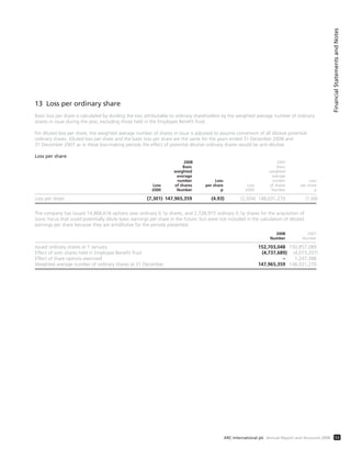 13 Loss per ordinary share
Basic loss per share is calculated by dividing the loss attributable to ordinary shareholders by the weighted average number of ordinary
shares in issue during the year, excluding those held in the Employee Benefit Trust.
For diluted loss per share, the weighted average number of shares in issue is adjusted to assume conversion of all dilutive potential
ordinary shares. Diluted loss per share and the basic loss per share are the same for the years ended 31 December 2008 and
31 December 2007 as in these loss-making periods the effect of potential dilutive ordinary shares would be anti-dilutive.
Loss per share
2008 2007
Basic Basic
weighted weighted
average average
number Loss number Loss
Loss of shares per share Loss of shares per share
£000 Number p £000 Number p
Loss per share (7,301) 147,965,359 (4.93) (2,504) 148,031,270 (1.69)
The company has issued 14,868,616 options over ordinary 0.1p shares, and 2,728,915 ordinary 0.1p shares for the acquisition of
Sonic Focus that could potentially dilute basic earnings per share in the future, but were not included in the calculation of diluted
earnings per share because they are antidilutive for the periods presented.
2008 2007
Number Number
Issued ordinary shares at 1 January 152,703,048 150,857,089
Effect of own shares held in Employee Benefit Trust (4,737,689) (4,073,207)
Effect of share options exercised – 1,247,388
Weighted average number of ordinary shares at 31 December 147,965,359 148,031,270
FinancialStatementsandNotes
53ARC International plc Annual Report and Accounts 2008
 