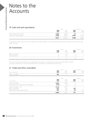 19 Cash and cash equivalents
Group Company
2008 2007 2008 2007
£000 £000 £000 £000
Cash at bank and in hand 1,693 2,046 10 9
Short-term bank deposits 2,938 8,054 2,938 8,054
4,631 10,100 2,948 8,063
The effective interest rate on short-term deposits was 6.28% (2006: 5.15%) and these deposits have an average maturity of five days
(2006: six days).
20 Inventories
Group Company
2008 2007 2008 2007
£000 £000 £000 £000
Work in progress – 22 – –
Finished goods – 50 – –
– 72 – –
The cost of inventories recognised as an expense and included in cost of sales amounted to £23,000 (2007: £9,000).
Computer hardware with a value of £49,000 (2007:£122,000) was capitalised during the year.
21 Trade and other receivables
Group Company
2008 2007 2008 2007
Non-current assets £000 £000 £000 £000
Other receivables 442 417 – –
Group Company
2008 2007 2008 2007
Current assets £000 £000 £000 £000
Trade receivables 3,253 3,246 – –
Less provision for impairment of receivables (137) (55) – –
Trade receivables – net 3,116 3,191 – –
Other receivables 437 347 132 –
Prepayments and accrued income 507 703 59 193
4,060 4,241 191 193
Notes to the
Accounts
FinancialStatementsandNotes
60 ARC International plc Annual Report and Accounts 2008
 