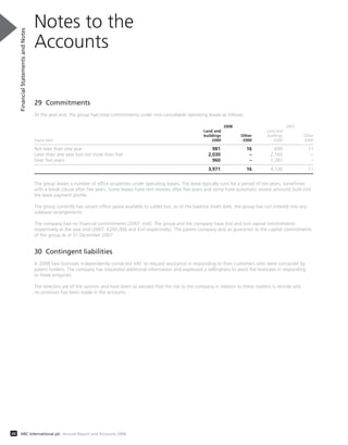 29 Commitments
At the year end, the group had total commitments under non-cancellable operating leases as follows:
2008 2007
Land and Land and
buildings Other buildings Other
Expiry date £000 £000 £000 £000
Not later than one year 981 16 690 11
Later than one year but not more than five 2,030 – 2,165 –
Over five years 960 – 1,281 –
3,971 16 4,136 11
The group leases a number of office properties under operating leases. The lease typically runs for a period of ten years, sometimes
with a break clause after five years. Some leases have rent reviews after five years and some have automatic review amounts built into
the lease payment profile.
The group currently has vacant office space available to sublet but, as of the balance sheet date, the group has not entered into any
sublease arrangements.
The company had no financial commitments (2007: £nil). The group and the company have £nil and £nil capital commitments
respectively at the year end (2007: £200,000 and £nil respectively). The parent company acts as guarantor to the capital commitments
of the group as at 31 December 2007.
30 Contingent liabilities
In 2008 two licencees independently contacted ARC to request assistance in responding to their customers who were contacted by
patent holders. The company has requested additional information and expressed a willingness to assist the licencees in responding
to these enquiries.
The directors are of the opinion and have been so advised that the risk to the company in relation to these matters is remote and
no provision has been made in the accounts.
Notes to the
Accounts
FinancialStatementsandNotes
68 ARC International plc Annual Report and Accounts 2008
 
