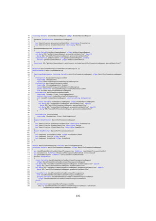 48 receiving Variable studentEnrolledRequest ofType StudentEnrolledRequest
49 {
50 Parameter DataStructure StudentEnrolledRequest
51 {
52 has Identification presentationIdentifier identifying Presentation
53 has Identification studentIdentifier identifying Person
54 }
55 StateAssessmentProcess doSequential
56 {
57 create Variable getEnrollmentsRequest ofType GetEnrollmentsRequest
58 set Query OCL:"getEnrollmentsRequest.presentationIdentifier" equalTo
59 Query OCL:"enrollForPresentationRequest.presentationIdentifier"
60 requestService getEnrollments with getEnrollmentsRequest yielding
61 Variable getEnrollmentsResult ofType GetEnrollmentsResult
62 }
63 Constraint OCL:"getEnrollmentsResult.enrollments.includes(enrollForPresentationRequest.personIdentifier)"
64 }
65
66 Exception EnrollmentPrerequisitesNotSatisfiedException {}
67 ServiceContract enrollForPresentation
68 {
69 FunctionalRequirements receiving Variable enrollForPresentationRequest ofType EnrollForPresentationRequest
70 {
71 PreCondition financialPrerequisitesMet
72 requiredBy (Shareholder)
73 raises FinancialPrerequisitesNotSatisfiedException
74 PreCondition enrollmentPrerequisitesMet
75 requiredBy (TrainingRegulator Student)
76 raises EnrollmentPrerequisitesNotSatisfiedException
77 checks Constraint enrollmentPrerequisitesForPresentationMet
78 with valueOf enrollForPresentationRequest
79 PostCondition enrollmentProcessPerformed
80 requiredBy (Student Client TrainingRegulator)
81 ensures Constraint studentEnrolledForPresentation
82 with valueOf studentEnrolledRequest constructedUsing doSequential
83 {
84 create Variable studentEnrolledRequest ofType StudentEnrolledRequest
85 set Query OCL:"studentEnrolledRequest.personIdentifier" equalTo
86 Query OCL:"enrollForPresentationRequest.personIdentifier"
87 set Query OCL:"studentEnrolledRequest.presentationIdentifier" equalTo
88 Query OCL:"enrollForPresentationRequest.presentationIdentifier"
89 }
90
91 PostCondition invoiceIssued
92 requiredBy (Shareholder Client CreditRegulator)
93 }
94 Request DataStructure EnrollForPresentationRequest
95 {
96 has Identification presentationIdentifier identifying Presentation
97 has Identification studentIdentifier identifying Person
98 has Identification clientIdentifier identifying LegalEntity
99 }
100 Result DataStructure EnrollForPresentationResult
101 {
102 has Component proofOfEnrollment ofType ProofOfEnrollment
103 has Component invoice ofType Invoice
104 has Component studyGuide ofType StudyGuide
105 }
106 }
107
108 Service enrollForPresentation realizes enrollForPresentation
109 receiving Variable enrollForPresentationRequest ofType EnrollForPresentationRequest
110 {
111 use checkStudentSatisfiesEnrollmentPrerequisites toAddress (enrollmentPrerequisitesMet)
112 use issueInvoice toAddress (financialPrerequisitesSatisfied invoiceIssued)
113 use performEnrollment toAddress (enrollmentProcessPerformed)
114 Process doSequential
115 {
116 create Variable checkStudentSatisfiesEnrollmentPrerequisitesRequest
117 ofType CheckStudentSatisfiesEnrollmentPrerequisitesRequest
118 set Query OCL:"checkEnrollmentPrerequisitesRequest.studentIdentifier" equalTo
119 Query OCL:"enrollForPresentationRequest.studentIdentifier"
120 set Query OCL:"checkEnrollmentPrerequisitesRequest.presentationIdentifier" equalTo
121 Query OCL:"enrollForPresentationRequest.presentationIdentifier"
122
123 requestService checkStudentSatisfiesEnrollmentPrerequisites
124 with checkStudentSatisfiesEnrollmentPrerequisitesRequest
125 yielding Variable checkStudentSatisfiesEnrollmentPrerequisitesResult
126 ofType CheckStudentSatisfiesEnrollmentPrerequisitesResult
127 choice
128 {
129 if Constraint enrollmentMeetsPrerequisitesMet
130 OCL:"if checkStudentSatisfiesEnrollmentPrerequisitesResult.isOclKind(
StudentSatisfiesEnrollmentPrerequisites)"
125
 