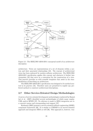 Figure 2.1: The IEEE/ISO 42010-2011 conceptual model of an architecture
description
architecture. Views are representations of a set of elements within a sys-
tem and their associated relationships [10]. The concept of architectural
views has been embraced by modern software architecture. The IEEE/ISO
42010-2011 speciﬁcation applies this concept and abstracts it further into
viewpoints [10] that serve as a convention for the construction of a view.
This practice provides us with reusable templates that assist in the stan-
dardisation of describing an architecture.
The IEEE/ISO 42010-2011 speciﬁcation was designed to be method neu-
tral in its practice [10]. Therefore users are permitted to exploit any pre-
ferred method to construct architectural descriptions.
2.7 Other Service-Oriented Design Methodologies
A survey of service-oriented development methodologies conducted by Ramol-
lari et al. (2007) identiﬁed several methodologies of which many employ
UML and/or BPMN [57]. No reference is made to MDA integration nor to
a concrete syntax and corresponding tool support [57].
Karhunen (2005) presents a service-oriented software engineering (SOSE)
component framework [36]. It is similar to URDAD in its service-oriented
approach and integrates MDA as well [36]. This approach is, however, very
31
 