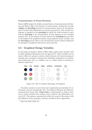 Communication of Visual Notations
Moody (2009) adapts the widely accepted theory of communication by Shan-
non and Weaver [63] to the domain of visual notation, stating that the en-
coding and decoding processes of communication need to be leveraged in
order to ensure that information is correctly conveyed [47]. The creation of a
diagram is regarded as the encoding for which the visual notation is used,
and the decoding is the interpretation of that diagram by the intended
audience [47]. In the domain of visual notation the encoding process refers
to the design of the graphical notation using graphical design variables, and
the decoding process refers to the interpretation of the notation inﬂuenced
by principles of graphical information processing [47].
3.3 Graphical Design Variables
In Semiology of Graphics, Bertin (1983) deﬁnes eight visual variables used
to deﬁne graphical information [17] (see ﬁgure 3.22). These variables can be
used to deﬁne the primary notation which indicates the formal meaning of
symbols and a secondary notation that informally emphasises or communi-
cates information [54], e.g. boldface text or a darker shade of colouring to
indicate importance.
VL]HYDOXH KXH RULHQWDWLRQWH[WXUH VKDSH SRVLWLRQ
Figure 3.2: The 8 variables (Semiology of Graphics)
Secondary notation is non-trivial and complements perceptually the in-
formation conveyed symbolically [54]. According to Shannon and Weaver’s
communication theory [63], visual noise is unintentional or random varia-
tion in visual variables that conﬂicts with or distorts the information con-
veyed [47]. The primary meaning falls within the scope of this project with
the inﬂuences of the secondary meaning considered where appropriate.
2
taken from Miller (2004) [44]
40
 