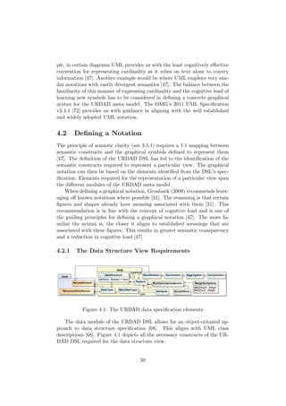 ple, in certain diagrams UML provides us with the least cognitively eﬀective
convention for representing cardinality as it relies on text alone to convey
information [47]. Another example would be where UML employs very sim-
ilar notations with vastly divergent semantics [47]. The balance between the
familiarity of this manner of expressing cardinality and the cognitive load of
learning new symbols has to be considered in deﬁning a concrete graphical
syntax for the URDAD meta model. The OMG’s 2011 UML Speciﬁcation
v2.4.1 [72] provides us with guidance in aligning with the well established
and widely adopted UML notation.
4.2 Deﬁning a Notation
The principle of semiotic clarity (see 3.5.1) requires a 1:1 mapping between
semantic constructs and the graphical symbols deﬁned to represent them
[47]. The deﬁnition of the URDAD DSL has led to the identiﬁcation of the
semantic constructs required to represent a particular view. The graphical
notation can then be based on the elements identiﬁed from the DSL’s spec-
iﬁcation. Elements required for the representation of a particular view span
the diﬀerent modules of the URDAD meta model.
When deﬁning a graphical notation, Gronback (2009) recommends lever-
aging oﬀ known notations where possible [31]. The reasoning is that certain
ﬁgures and shapes already have meaning associated with them [31]. This
recommendation is in line with the concept of cognitive load and is one of
the guiding principles for deﬁning a graphical notation [47]. The more fa-
miliar the syntax is, the closer it aligns to established meanings that are
associated with these ﬁgures. This results in greater semantic transparency
and a reduction in cognitive load [47].
4.2.1 The Data Structure View Requirements
Figure 4.1: The URDAD data speciﬁcation elements
The data module of the URDAD DSL allows for an object-oriented ap-
proach to data structure speciﬁcation [68]. This aligns with UML class
descriptions [68]. Figure 4.1 depicts all the necessary constructs of the UR-
DAD DSL required for the data structure view.
50
 