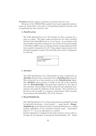 Contract elements require a notation in the data structure view.
Elements of the URDAD DSL modules that require graphical represen-
tation are listed below, each with a corresponding graphical notation used
in populating the data structure view.
• DataStructure
The UML Speciﬁcation v2.4.1 [72] provides us with a notation for a
class as a ﬁgure. The ﬁgure makes provision for the Name attribute
(derived from NamedElement) in a text format. In accordance with
the principle of semantic transparency (see section 3.5.3) and according
to Gronback (2009) using an existing notation among diagrams facili-
tates cognitive integration [31, 47]. Using simple shapes promotes the
principle of graphic economy [47] and makes them easier to implement
in tools [34].
• Attribute
The UML Speciﬁcation v2.4.1 [72] provides us with a notation for an
Attribute element that is associated with a DataStructure element.
This is depicted via a class notation as in the DataStructure ﬁgure.
The Attribute name property is visible on the left of the semicolon
with the BasicDataType (discussed later) depicted on the right of
the semicolon. The principles of dual coding [47] and complexity man-
agement [47] guide the deﬁnition of this notation. The attributes are
located on the rectangle in a separate compartment, which increases
the perceptual discriminability [47] of the notation.
• RangeMultiplicity
The UML Speciﬁcation v2.4.1 [72] recommends that multiplicity bounds
be depicted in the format: <lower-bound> .. <upper-bound>. Range-
Multiplicity can be depicted within a textual speciﬁcation (e.g. adding
trailing multiplicity to the associated element name: ”Association
Name [1..*]” ) or as an adornment to a symbol.
Symbol adornment is employed in the data structure view in order to
leverage oﬀ the principle of perceptual discriminability [47]. Visual
52
 